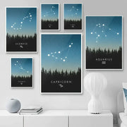 Set of six blue leo cancer zodiac canvas art prints featuring white star constellations and pine tree decorbites leo cancer