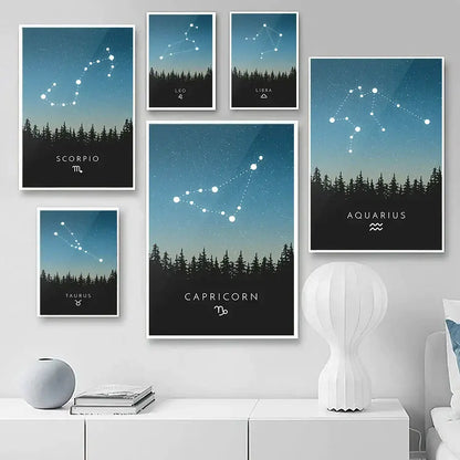 Set of six blue leo cancer zodiac canvas art prints featuring white star constellations and pine tree decorbites leo cancer