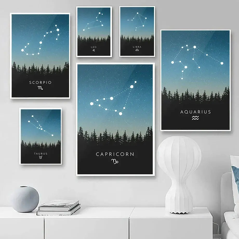 Set of six blue leo cancer zodiac canvas art prints featuring white star constellations and pine tree decorbites leo cancer