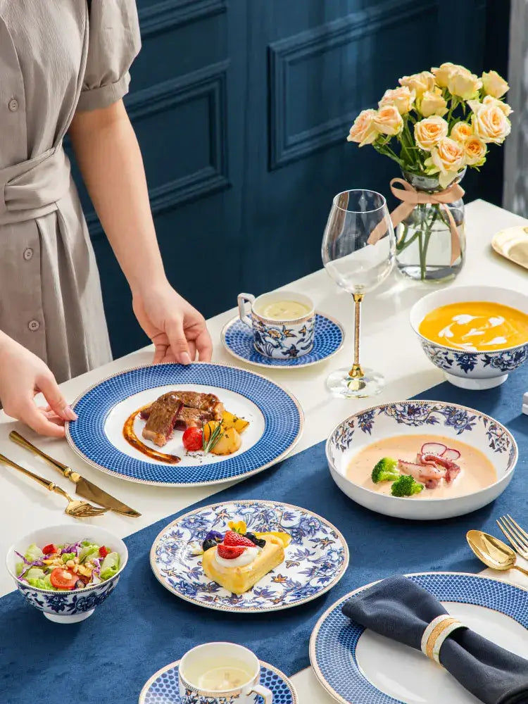 Blue lotus dinnerware set featuring blue and white porcelain with intricate floral patterns for dining room decorbites blue