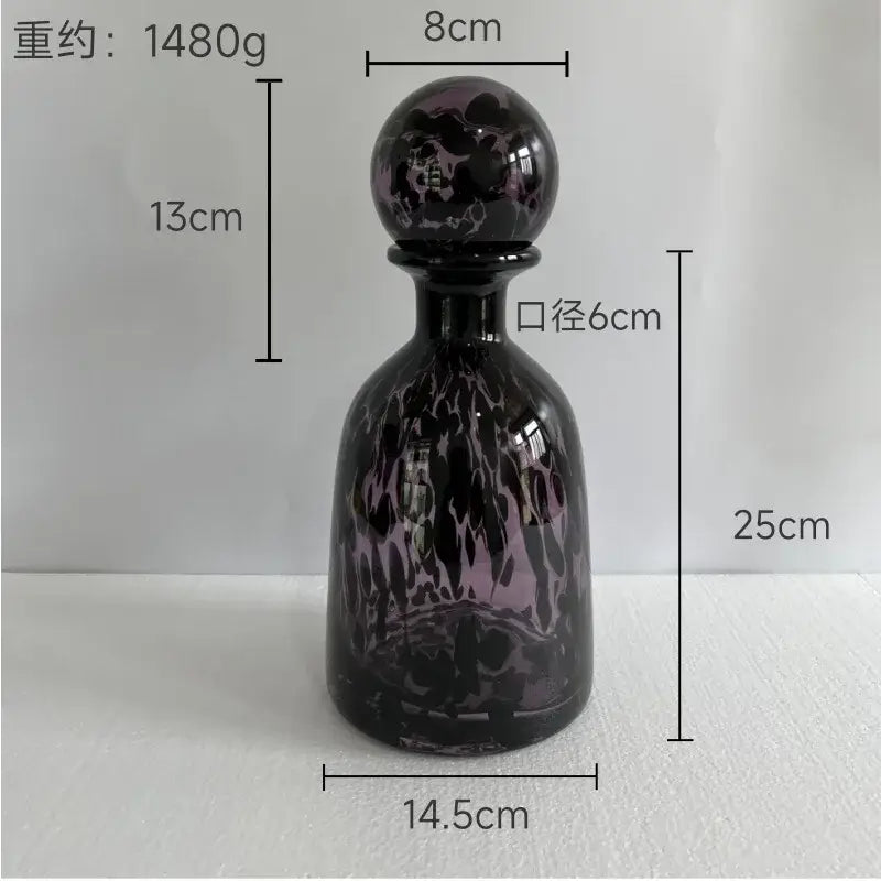 Dark purple leopard print glass vase with marbled pattern and spherical stopper for decorbites living room decor