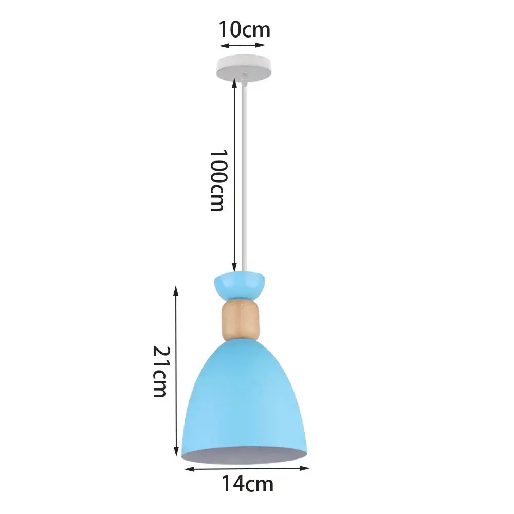 Blue nordic pendant light featuring a light blue matte metal dome with a wooden accent and white cord for kitchens