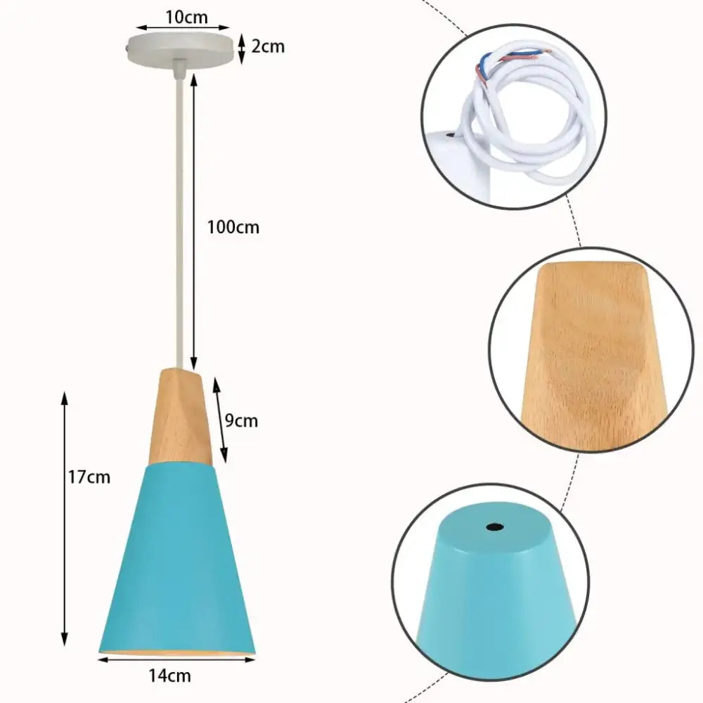 A modern blue nordic pendant light with turquoise metal shade, brass fixture, and natural wood top for kitchens