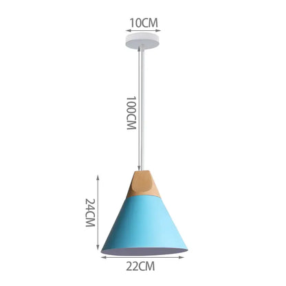 Blue nordic pendant light with matte blue metal shade and natural wood top, brass fixture ideal for kitchen pendant lights