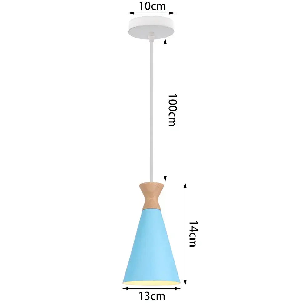 A blue matte metal pendant light with a conical shade and natural wood accent for kitchens decorbites blue nordic