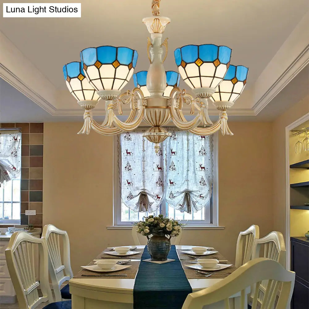 Blue Mediterranean Glass Pendant Chandelier with 5 Lights for Hallway