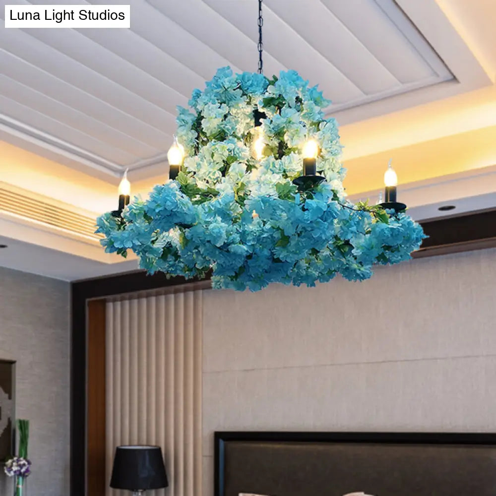 Blue Metal LED Suspension Candle Chandelier Light Fixture with Cherry Blossom - 6/8 Bulbs - Industrial Style