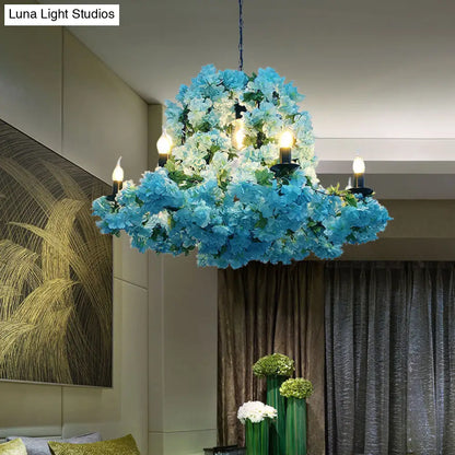 Blue Metal LED Suspension Candle Chandelier Light Fixture with Cherry Blossom - 6/8 Bulbs - Industrial Style