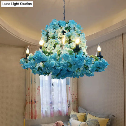 Blue Metal LED Suspension Candle Chandelier Light Fixture with Cherry Blossom - 6/8 Bulbs - Industrial Style