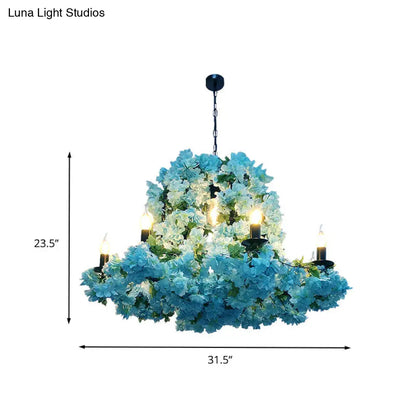 Blue Metal LED Suspension Candle Chandelier Light Fixture with Cherry Blossom - 6/8 Bulbs - Industrial Style
