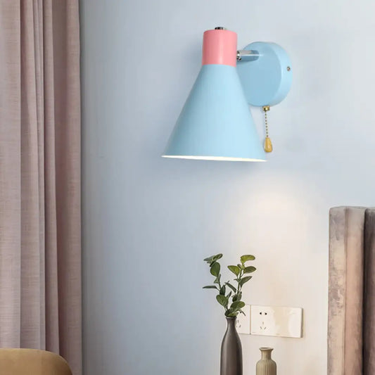 DecorBites™ Blue Metal Wide Flare Sconce: Contemporary Wall Mount Light with Pull Chain