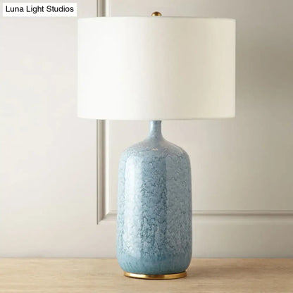 DecorBites™ DecorBites™ Blue Minimalistic Drum Table Light with Ceramic Base - 1 Bulb Fabric Nightstand Lighting