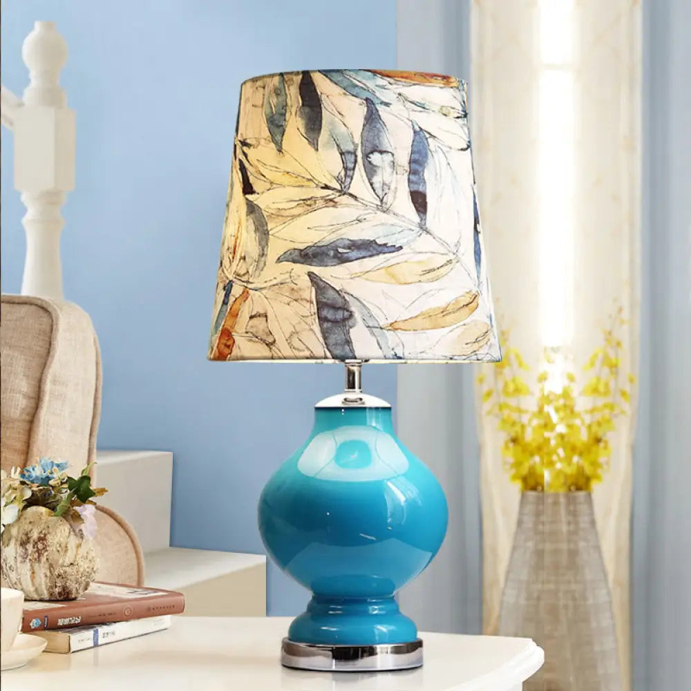 Blue Modern Nightstand Lamp - Stylish Fabric Barrel Design for Bedside