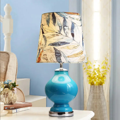 Blue Modern Nightstand Lamp - Stylish Fabric Barrel Design for Bedside