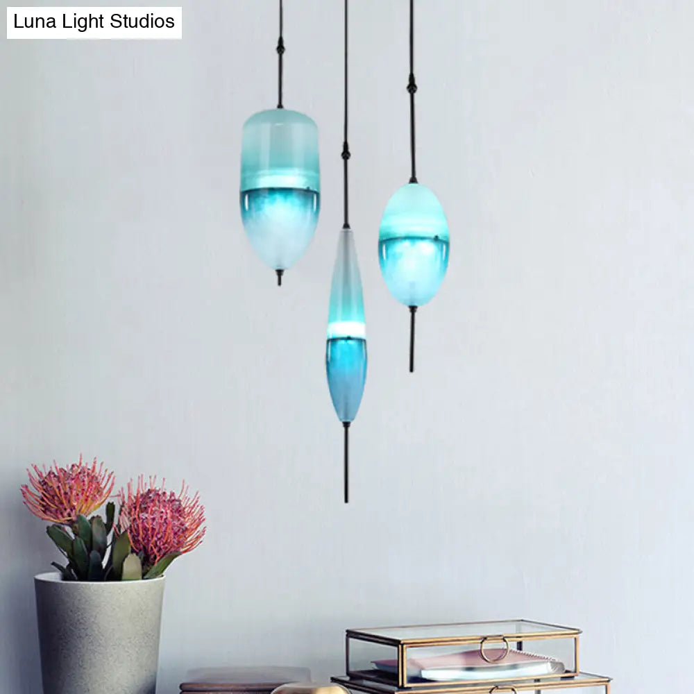 Blue Modernist Teardrop Cluster Pendant Light Fixture with 3 Glass Lights for Living Room