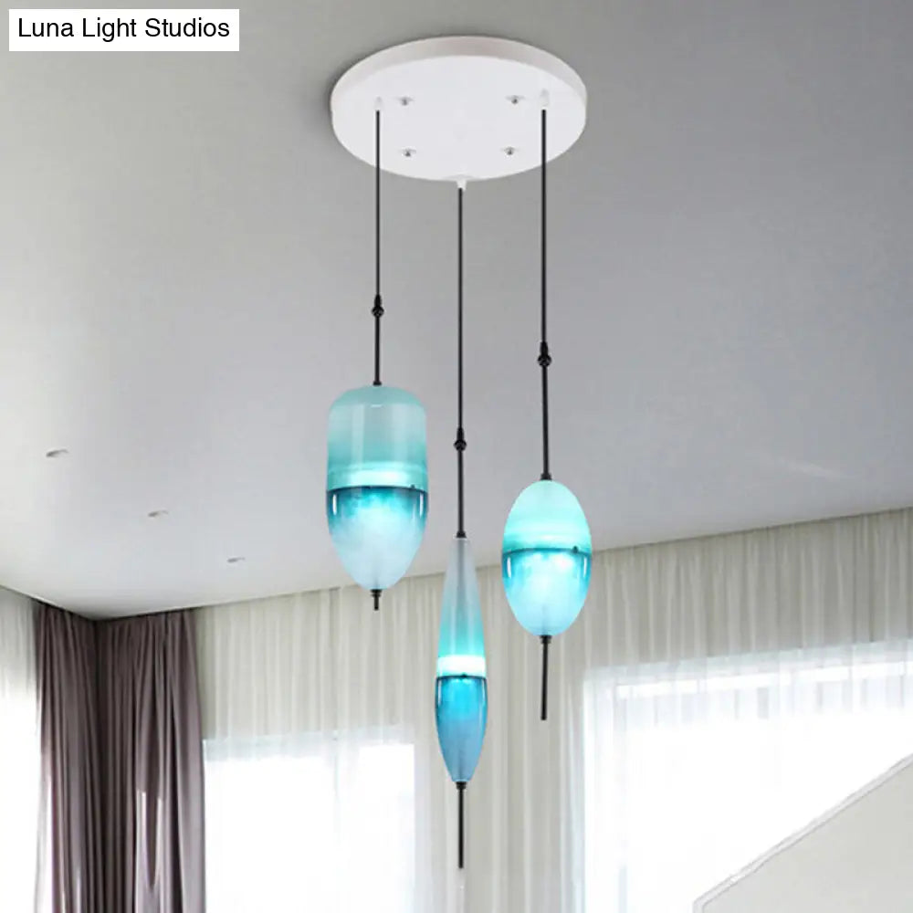 Blue Modernist Teardrop Cluster Pendant Light Fixture with 3 Glass Lights for Living Room