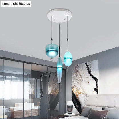 Blue Modernist Teardrop Cluster Pendant Light Fixture with 3 Glass Lights for Living Room