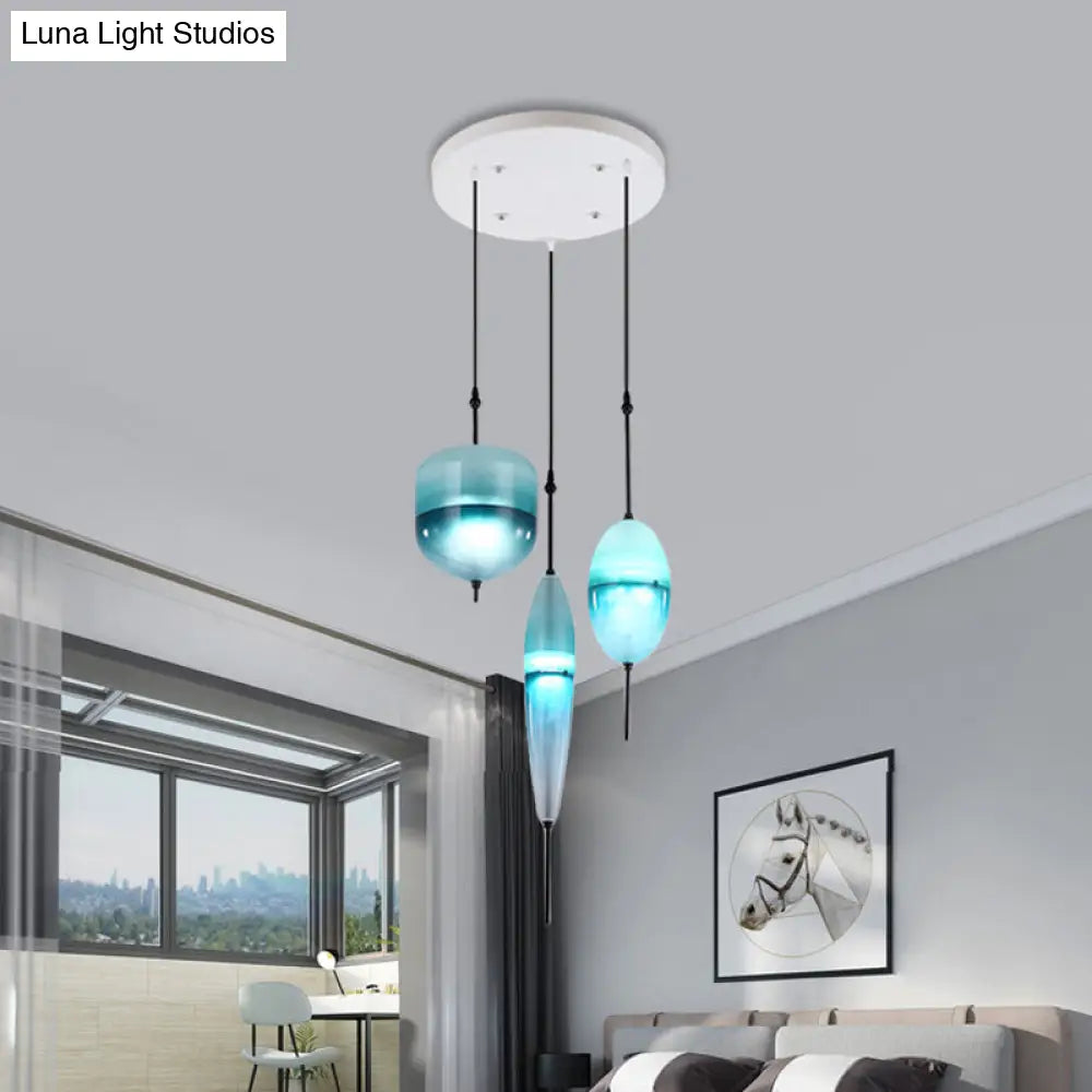 Blue Modernist Teardrop Cluster Pendant Light Fixture with 3 Glass Lights for Living Room