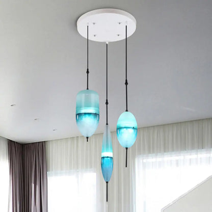 Blue Modernist Teardrop Cluster Pendant Light Fixture with 3 Glass Lights for Living Room