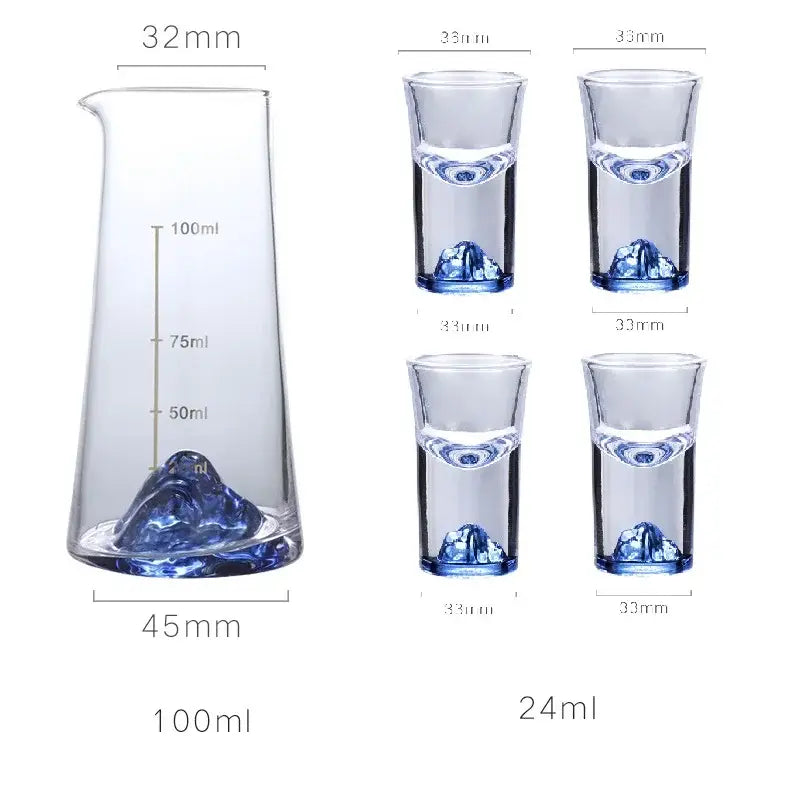 Clear glass decorbites blue sake set with 100ml beaker and four 24ml blue sake glass ice shot glasses with mountain design