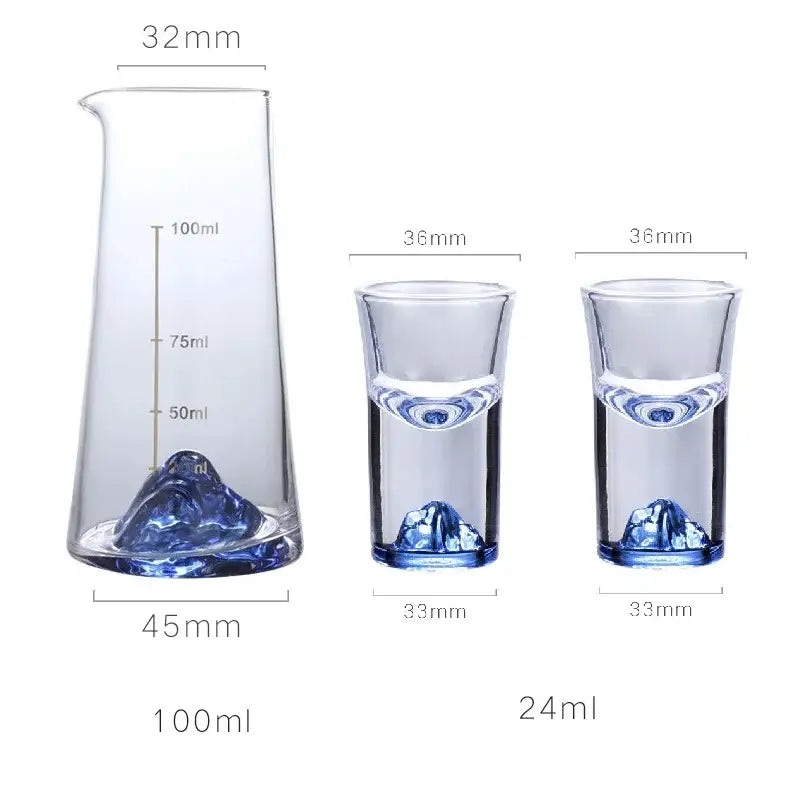 Clear glass decorbites blue sake set with 100ml beaker and two 24ml blue sake glass ice shot glasses with mountain design