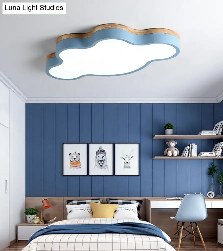 Blue and natural wood cloud flush mount ceiling lamp with soft blue body and wood trim for kids bedroom mount ceiling lamp