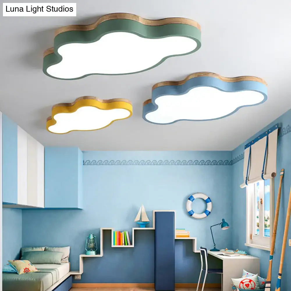 Blue and natural wood cloud flush mount ceiling lamp with pastel acrylic panels for kids bedroom mount ceiling lamp
