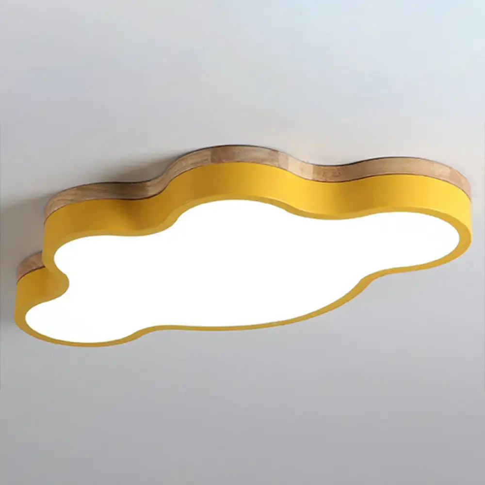 Yellow cloud flush mount ceiling lamp with natural wood trim for kids bedroom ceiling mount lighting