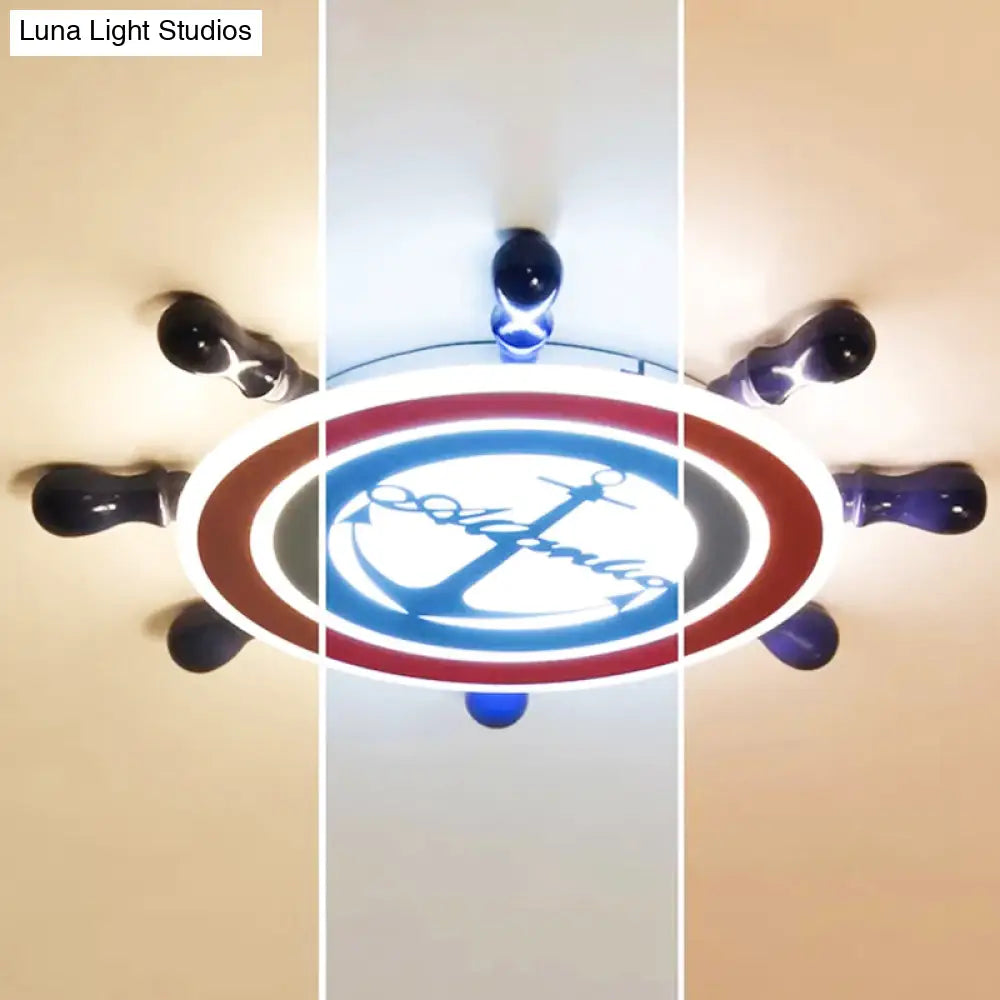 Lámpara de techo DecorBites™ con diseño de timón náutico azul para dormitorio infantil con ancla y diseño empotrado en acrílico.