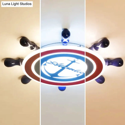 Lámpara de techo DecorBites™ con diseño de timón náutico azul para dormitorio infantil con ancla y diseño empotrado en acrílico.