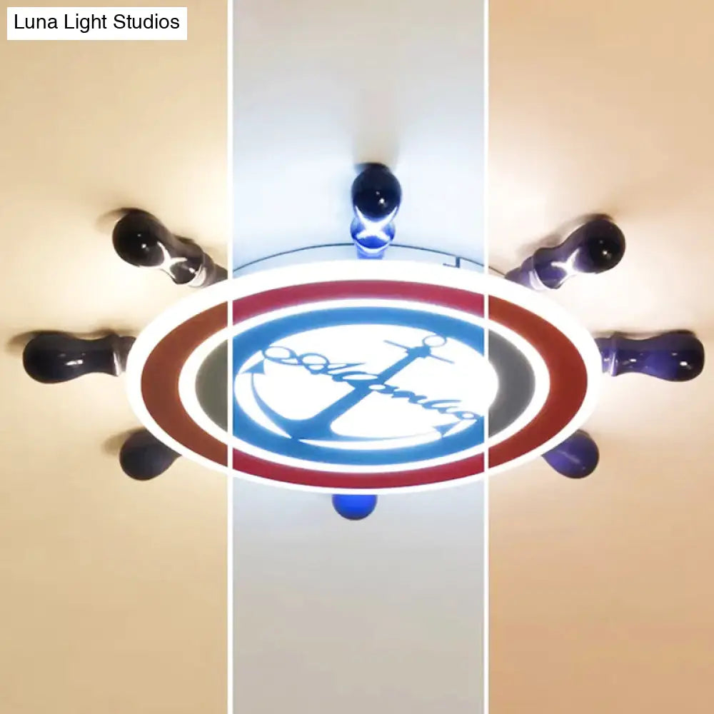 Lámpara de techo DecorBites™ con diseño de timón náutico azul para dormitorio infantil con ancla y diseño empotrado en acrílico.