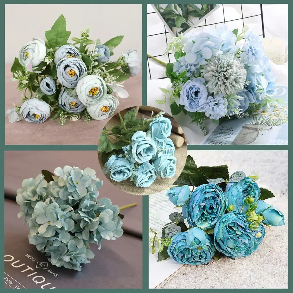 A collection of silk fake flowers featuring blue peony and tea rose fabric petals in soft blue and white hues with green foliage