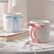 White ceramic saucer set with pastel blue and pink ribbon bows decorbites bowknot ceramic mug for dining room tea cup