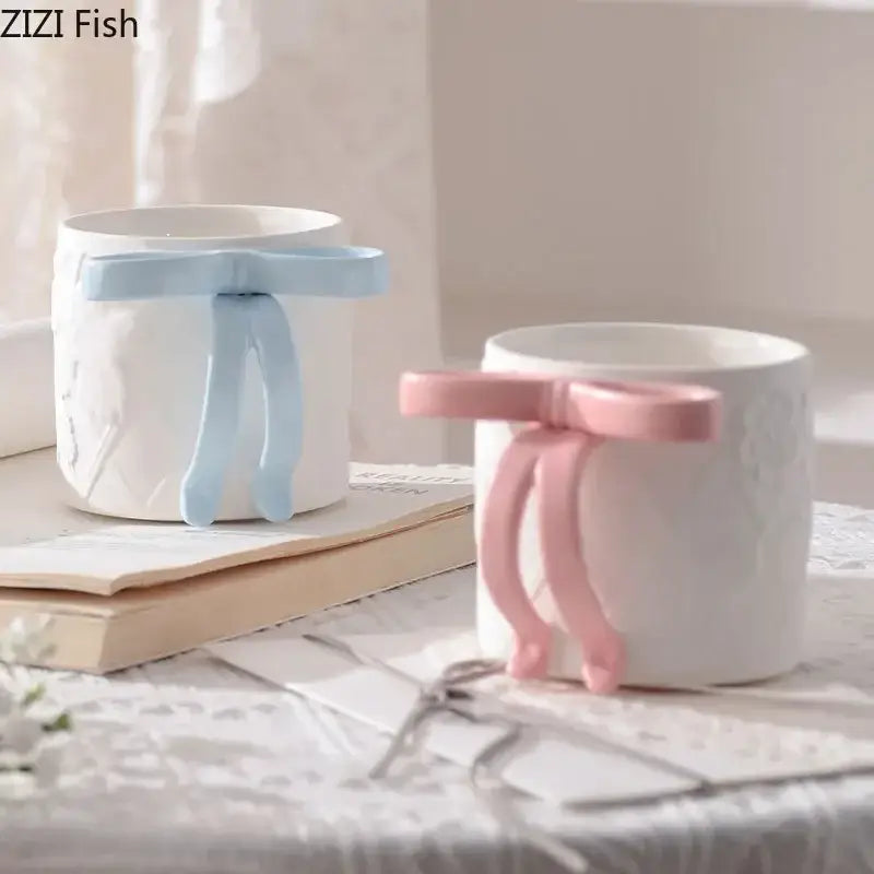 White ceramic saucer set with pastel blue and pink ribbon bows decorbites bowknot ceramic mug for dining room tea cup