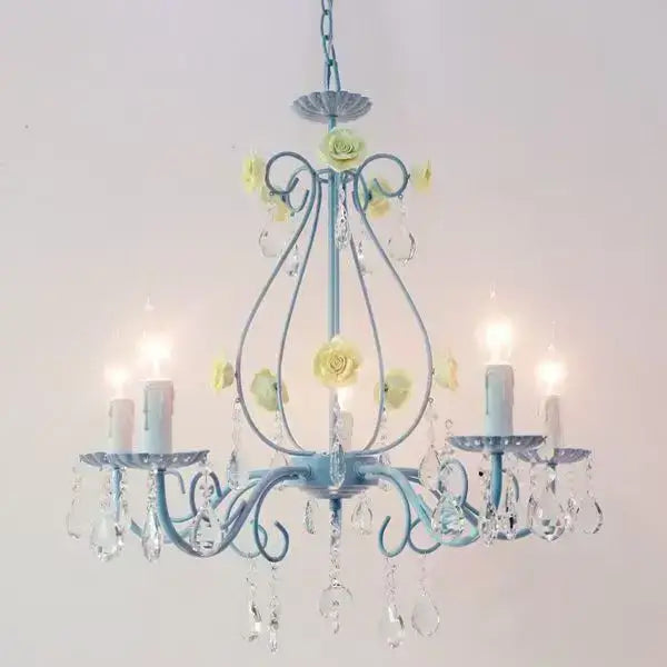 Blue and pink crystal bouquet pendant light with delicate light blue wrought iron and yellow paper roses decorbites blue crystal
