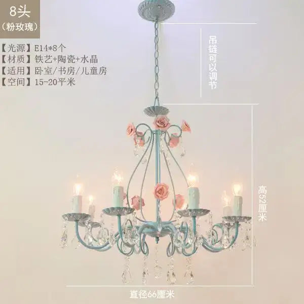 Delicate blue and pink crystal bouquet pendant light with rose accents and crystal droplets for bedroom decorbites blue crystal