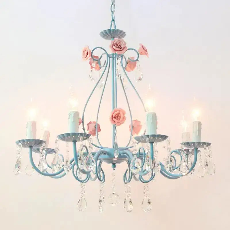 Delicate blue and pink crystal bouquet pendant light with roses and crystal droplets for elegant bedroom decorbites decor