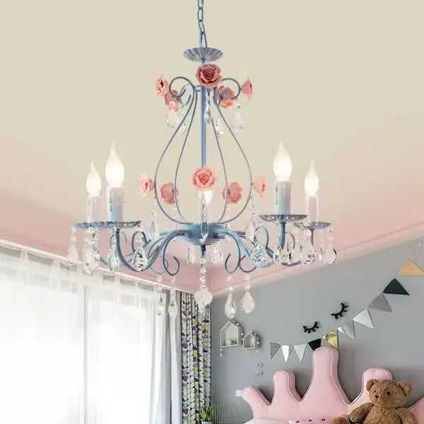 Blue and pink crystal bouquet pendant light with delicate blue crystal decorbites and pink roses for bedroom decor