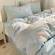 Light blue cotton cartoon printed bedding set featuring cute poodles and heart motifs for bedroom decorbites collection