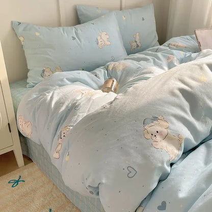 Light blue cotton cartoon printed bedding set featuring cute poodles and heart motifs for bedroom decorbites collection