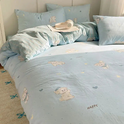 Light blue cotton cartoon printed bedding set with cute puppies hearts and happy text by decorbites for bedroom decor