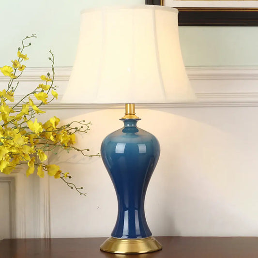 Blue Pottery Base Bedside Table Lamp with Modern Empire Shade Night Light
