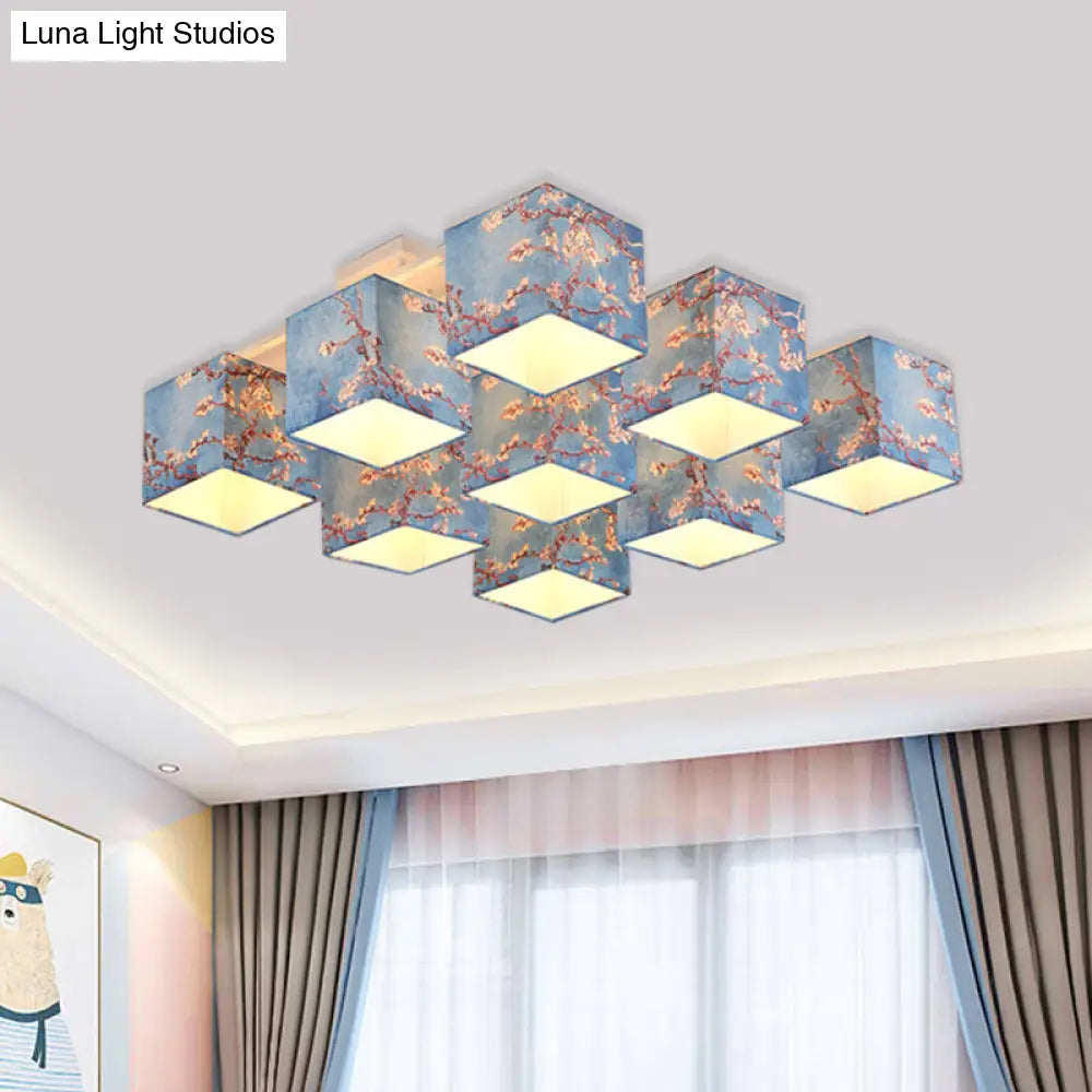 DecorBites™ DecorBites™ Blue Printed Cube Chandelier - 9 Bulb Semi Flush Mount Ceiling Light with Pastoral Style Fabric