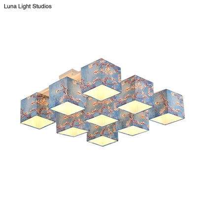 DecorBites™ DecorBites™ Blue Printed Cube Chandelier - 9 Bulb Semi Flush Mount Ceiling Light with Pastoral Style Fabric