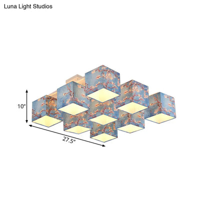 DecorBites™ DecorBites™ Blue Printed Cube Chandelier - 9 Bulb Semi Flush Mount Ceiling Light with Pastoral Style Fabric