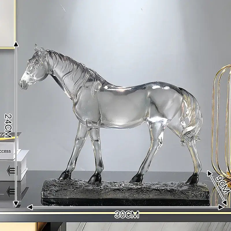 Transparent glass horse resin ornament with black hoof and base for living room decorbites horse resin sculpture