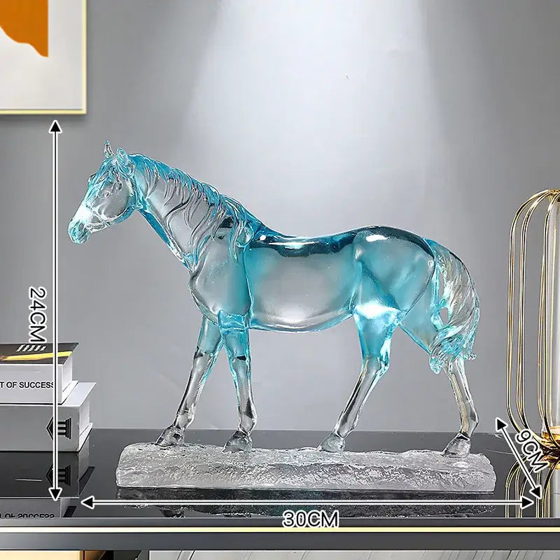 Translucent blue glass horse resin ornament with detailed musculature and glossy finish by decorbites for living room decor