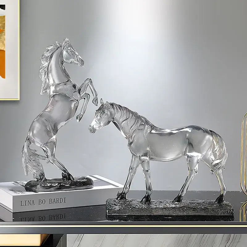Transparent glass horse resin ornament with intricate detailing and glossy finish on dark base for decorbites horse decorbites horse resin