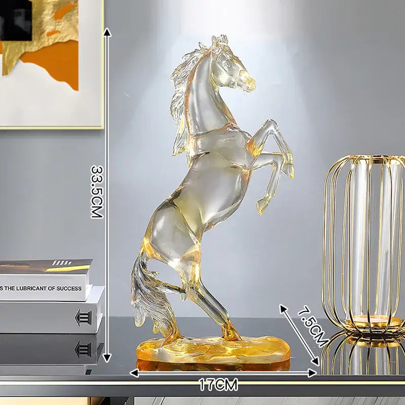 Transparent glass horse figurine with golden accents on a polished amber base decorbites horse resin ornament