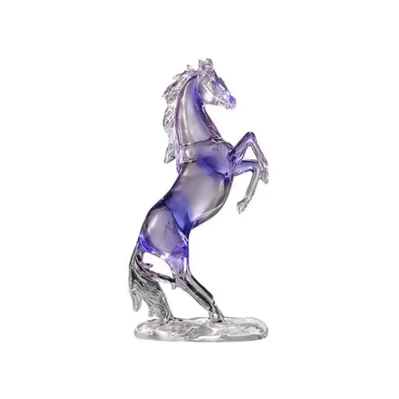 Translucent purple and clear glass horse resin ornament in dynamic rearing pose on a matching crystal base by decorbites horse resin